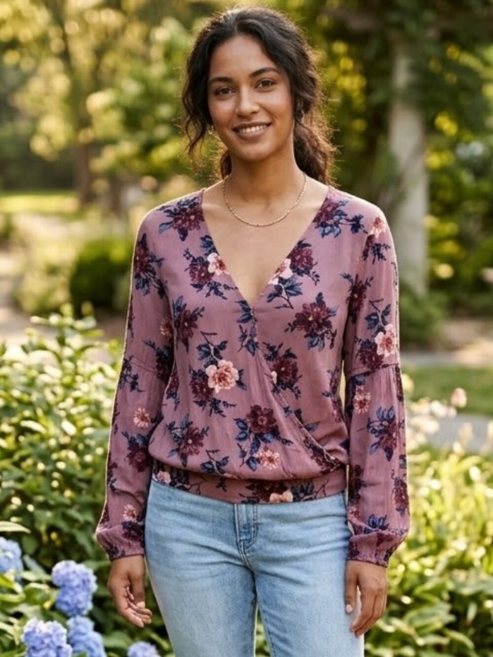 American Eagle Floral Wrap Blouse Size Small Pink Purple Boho Peasant Top